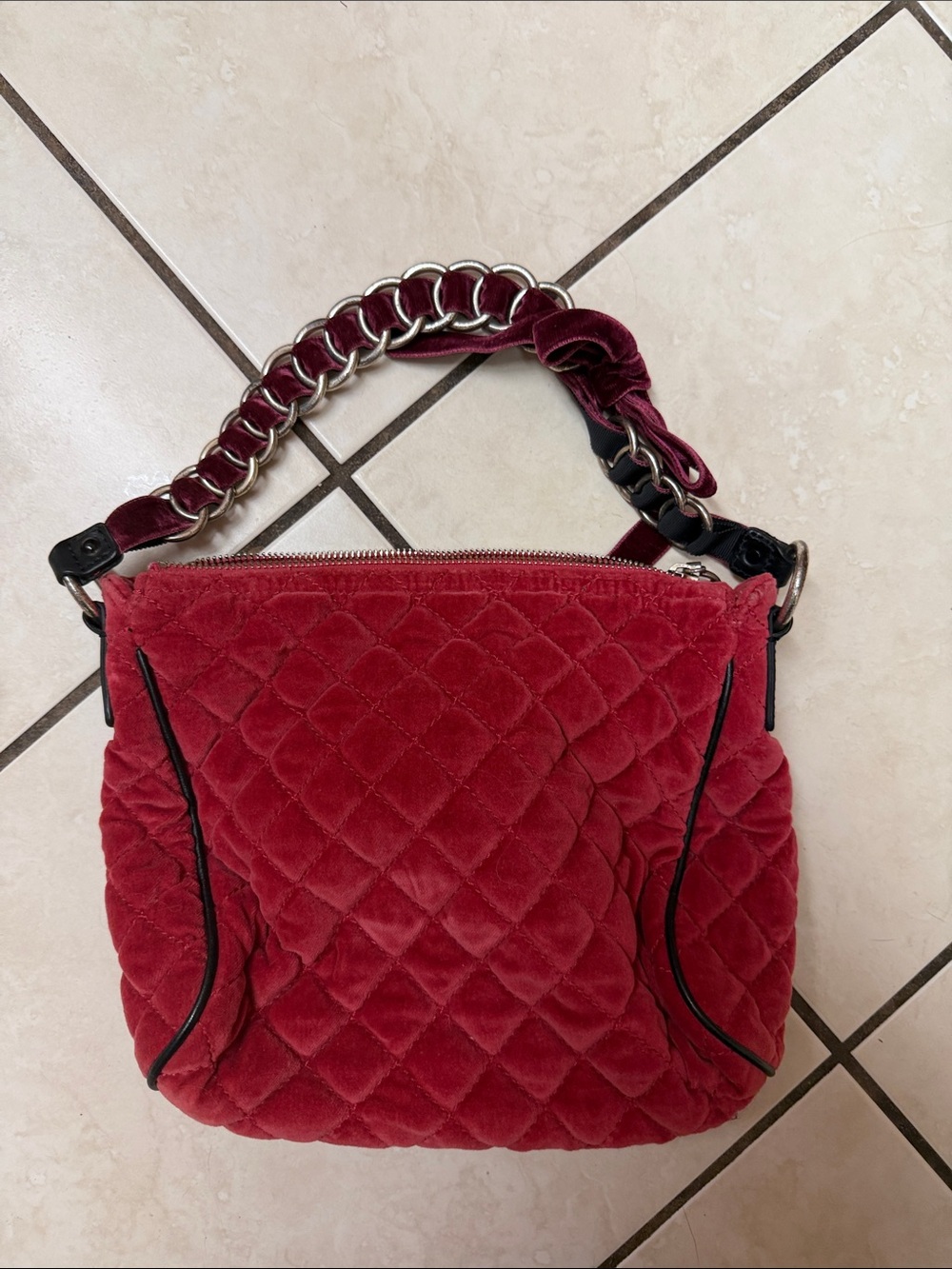 Quilted Marc Jacobs Red Velvet Shoulder Bag with Chain Strap